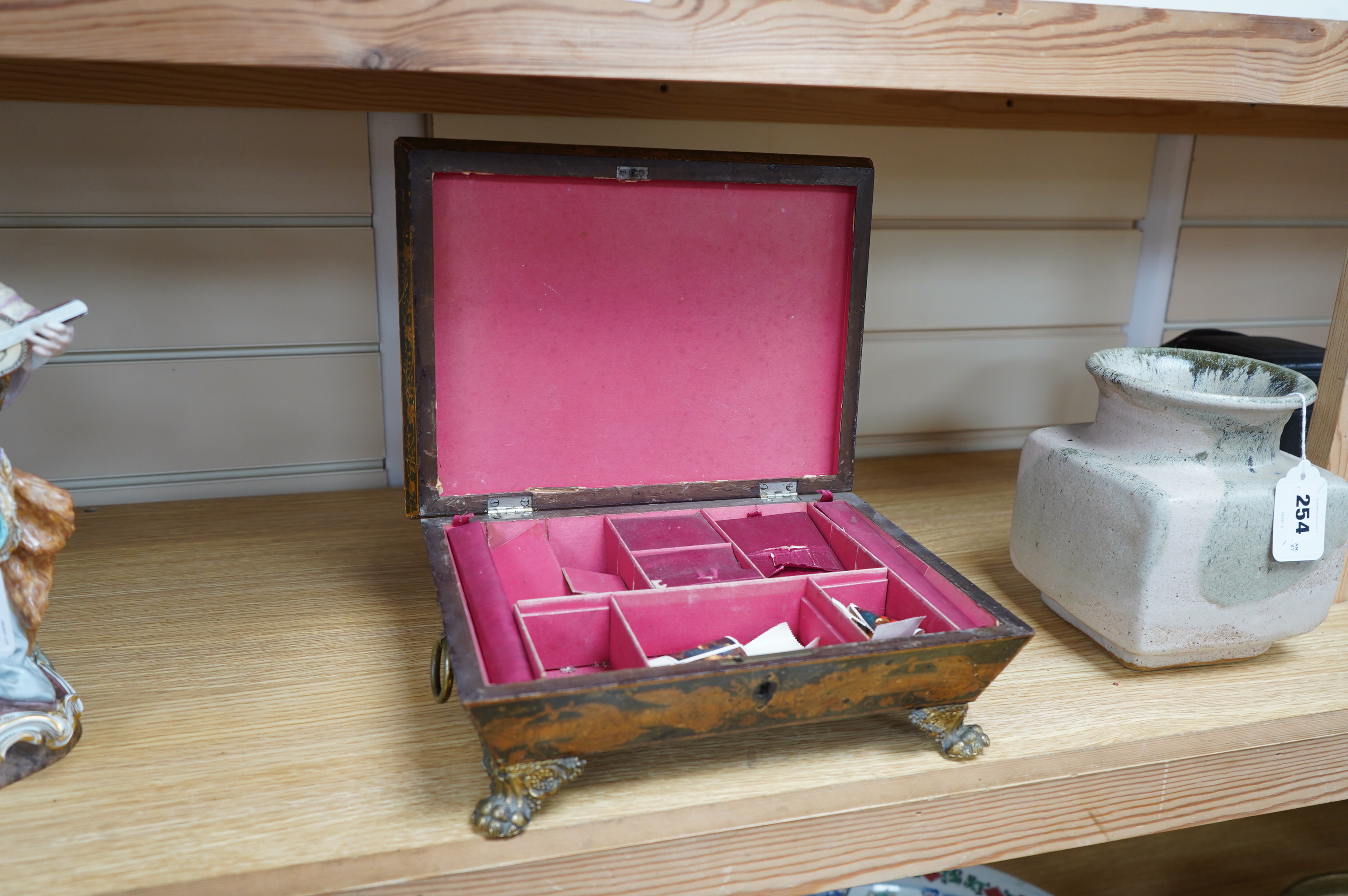 A Regency penwork work-box of sarcophagus form, 29cm. Condition - poor to fair